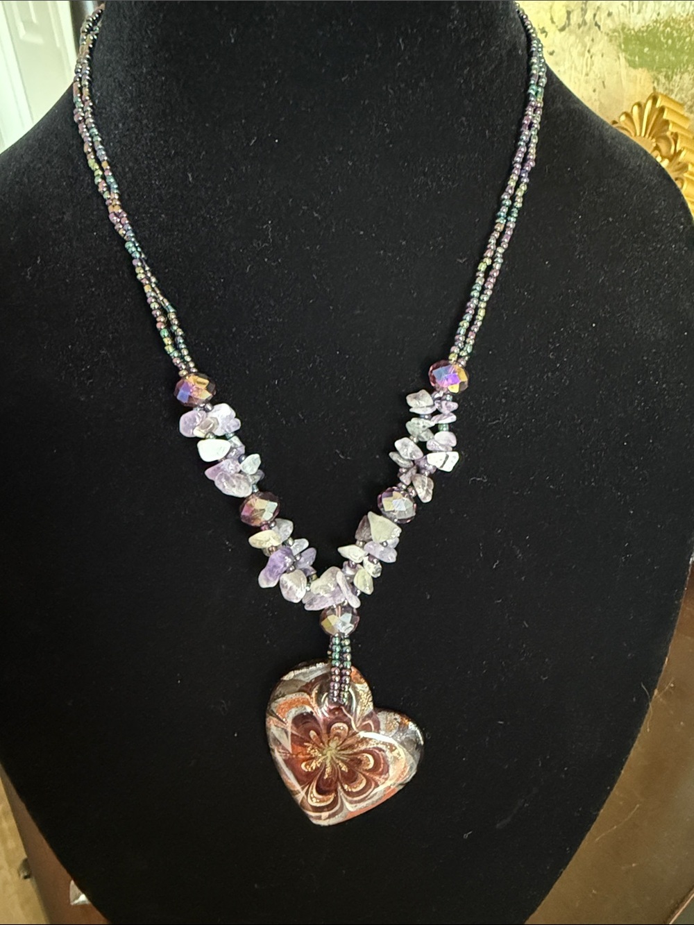 PURPLE GLASS & STONE DOUBLE STRAND NECKLACE w IRIDESCENT ART GLASS Design